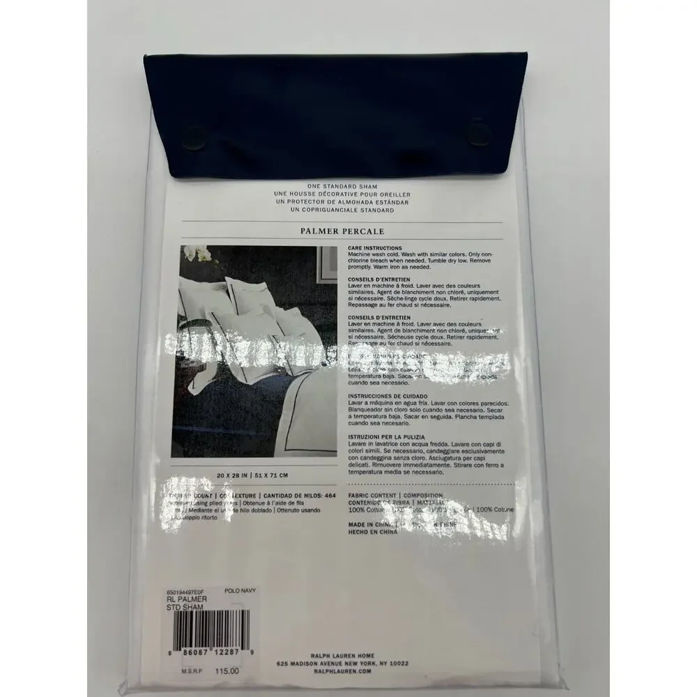 Ralph Lauren Palmer 100% Cotton Percale White Polo Navy Blue Standard Sham NEW